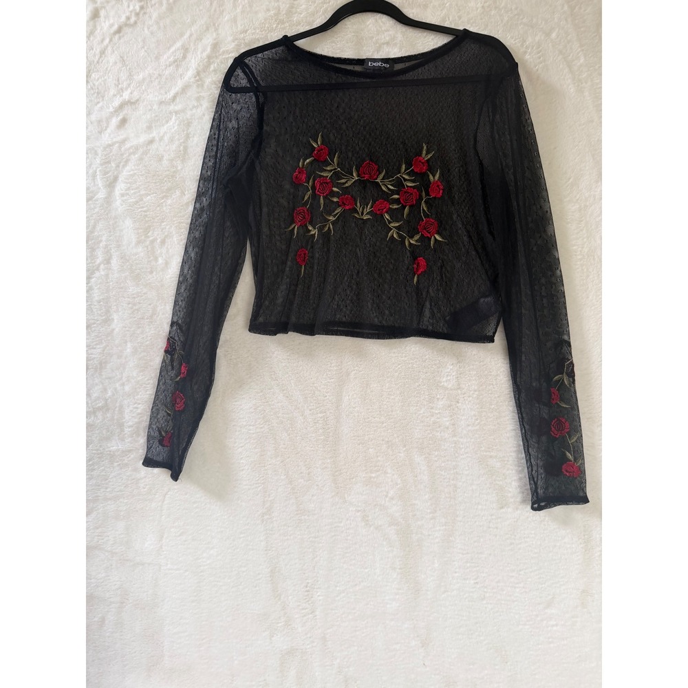 Bebe Black Mesh Embroidered Rose Floral Long Sleeve Crop Top Large 60UKA1010000
